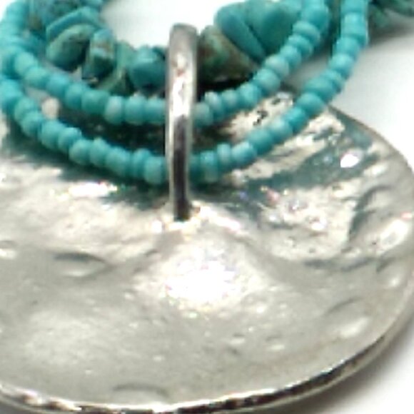 Multi-strand Turquoise-Colored Beaded Necklace LG Silver-tone Hammered Pendant - Picture 8 of 16